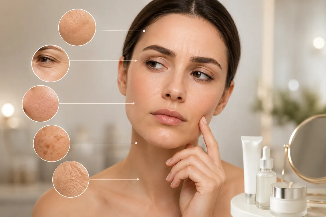 Mujer observando su rostro con detalles ampliados de la piel (textura, arrugas, poros, manchas y pérdida de firmeza) junto a productos cosméticos