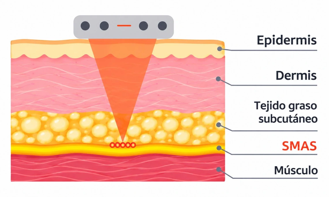 Esquema de las capas de la piel (epidermis, dermis, tejido graso subcutáneo y SMAS) donde actúa el HIFU médico