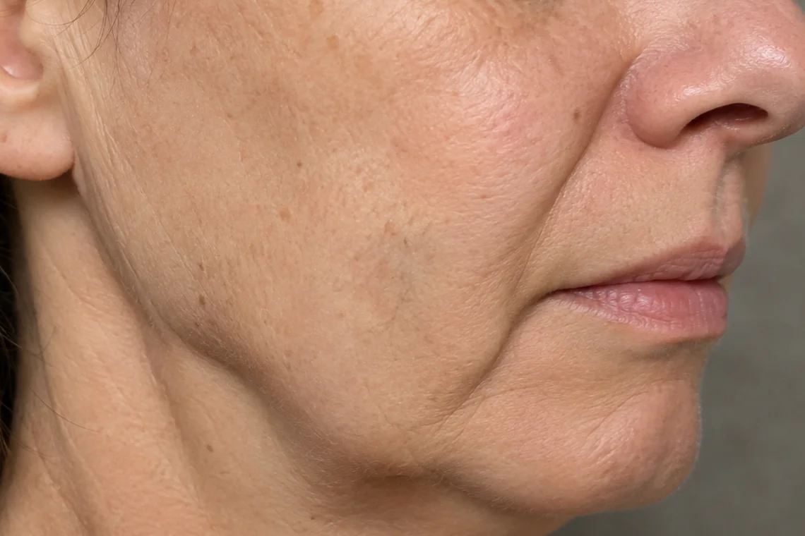 Perfil facial mostrando signos de flacidez cutánea y pérdida de definición del contorno